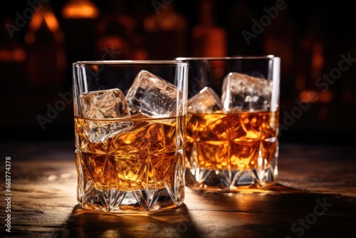 Glasses of whiskey with ice are on the bar