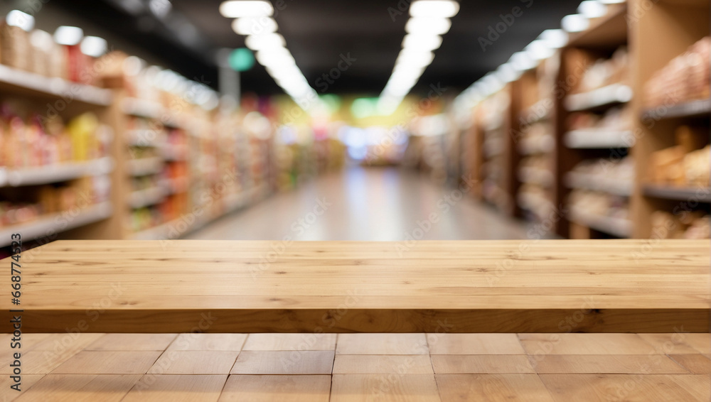 Empty wooden table in Supermarket and blurred background