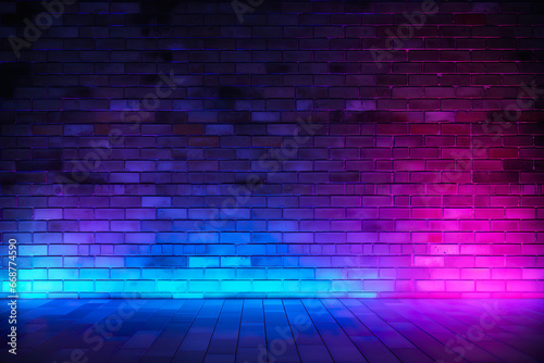 Brick wall illuminated with blue  pink  purple colored lights  wallpaper  background