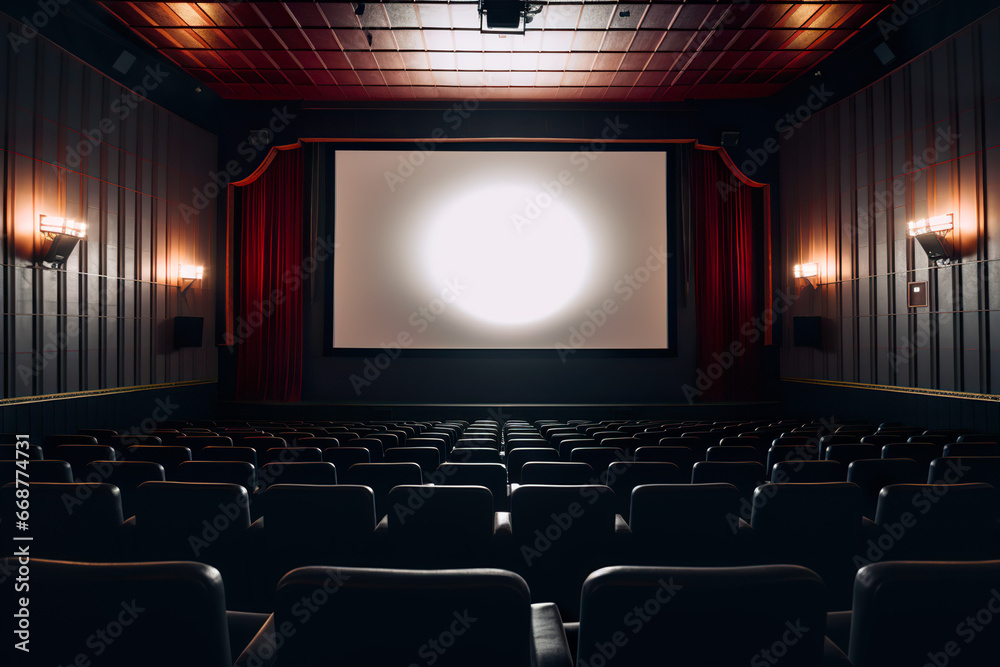 Fototapeta premium Elegant movie theater with blank empty white screen
