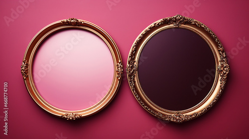 Two vintage golden oval picture frames on pink background