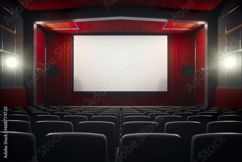 Elegant movie theater with blank empty white screen