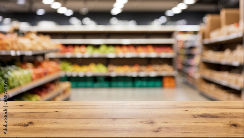 Empty wooden table in Supermarket and blurred background