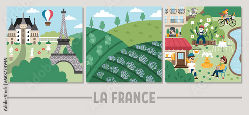 Vector Paris landscape illustrations set. French capital city scenes with people, Eiffel Tower, castle, lavender field. Cute France square background with river, mime, wine yard
