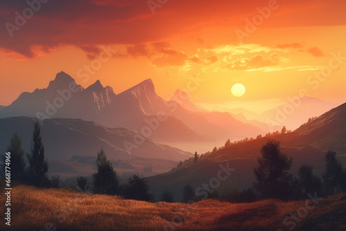 Mountain landscape. Sunrise over the meadow. Dramatic sky.