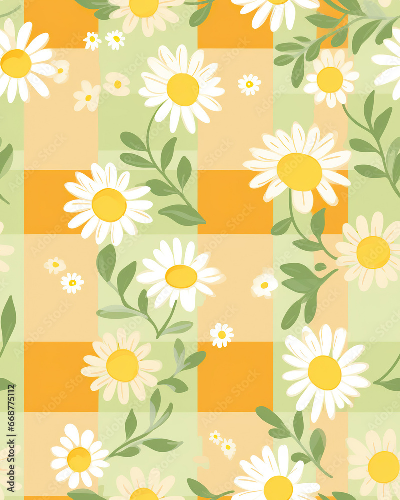 Sunny Delight: A Gingham Daisy Dance,seamless floral pattern,seamless pattern with yellow flowers