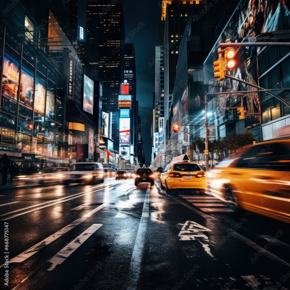 Vibrant Rush Hour: Busy City Street Illuminated by Car Streaks