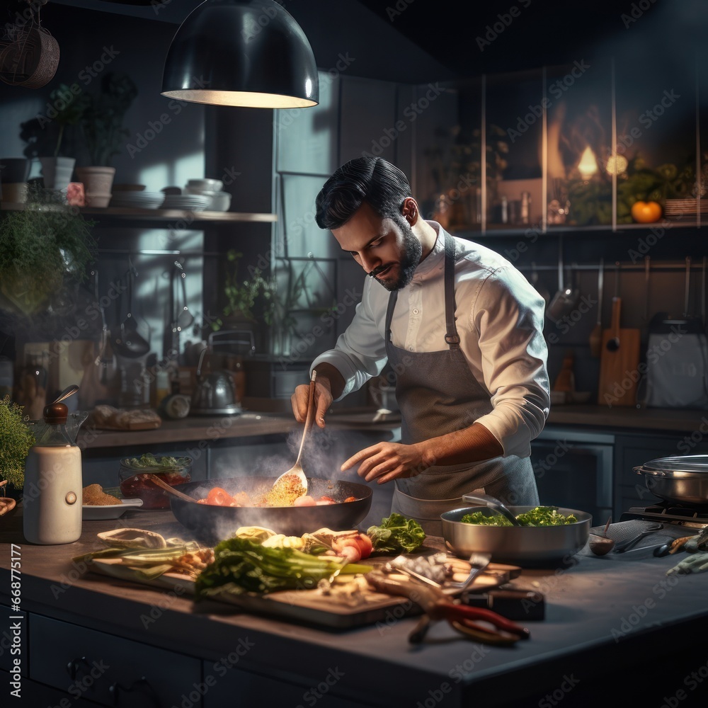 Expert chef crafts gourmet dish in stylish kitchen. Expert chef crafts gourmet dish in stylish kitchen.