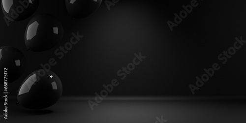 Fotografia Black friday background with black balloons flying in empty space