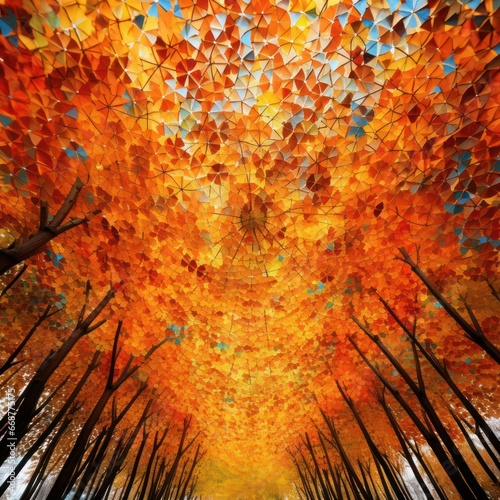 Vibrant mosaic of autumn leaves overhead in a canopy.