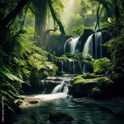 Serene waterfall in lush forest canopy.