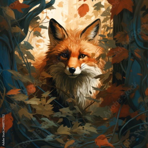 Curious fox emerges from foliage for close-up.
