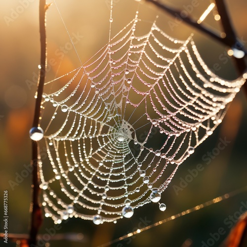 Dazzling spider web glistens in dew under morning sun's close-up.