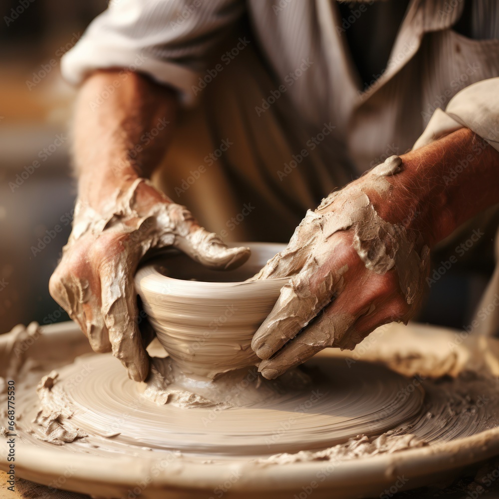 Expert Potter Creates on Spinning Wheel in Detailed Close-Up.