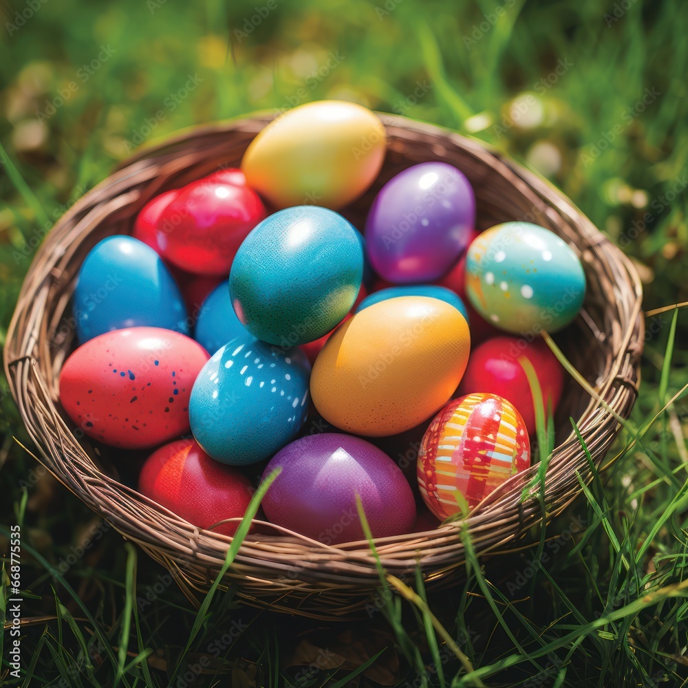 Vibrant Easter eggs in a grassy basket, magnified.
