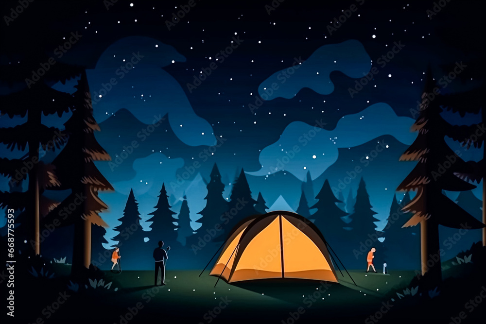 Forest Campsite A cozy tent nestled in the woods under a brilliant starry night sky 3d illustration high quality