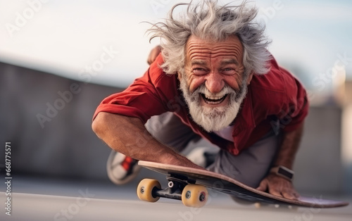 A smiling happy and playful elderly man doing tricks with his skateboard