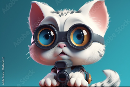 Cute white cat with binoculars. 3D illustration.