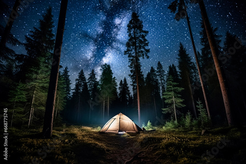 Natures Retreat A tent in the woods under a starry sky, an idyllic outdoor escape 3d illustration high quality photo