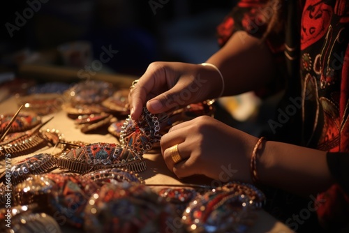 Creating intricate and symbolic cultural decor by hand in a close-up shot of skilled hands.