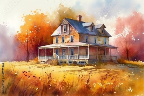 Watercolor painting of an old wooden house in the autumn forest.