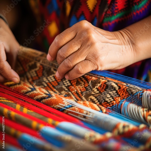 Cultural craftmanship shines in hands weaving intricate patterns on loom.