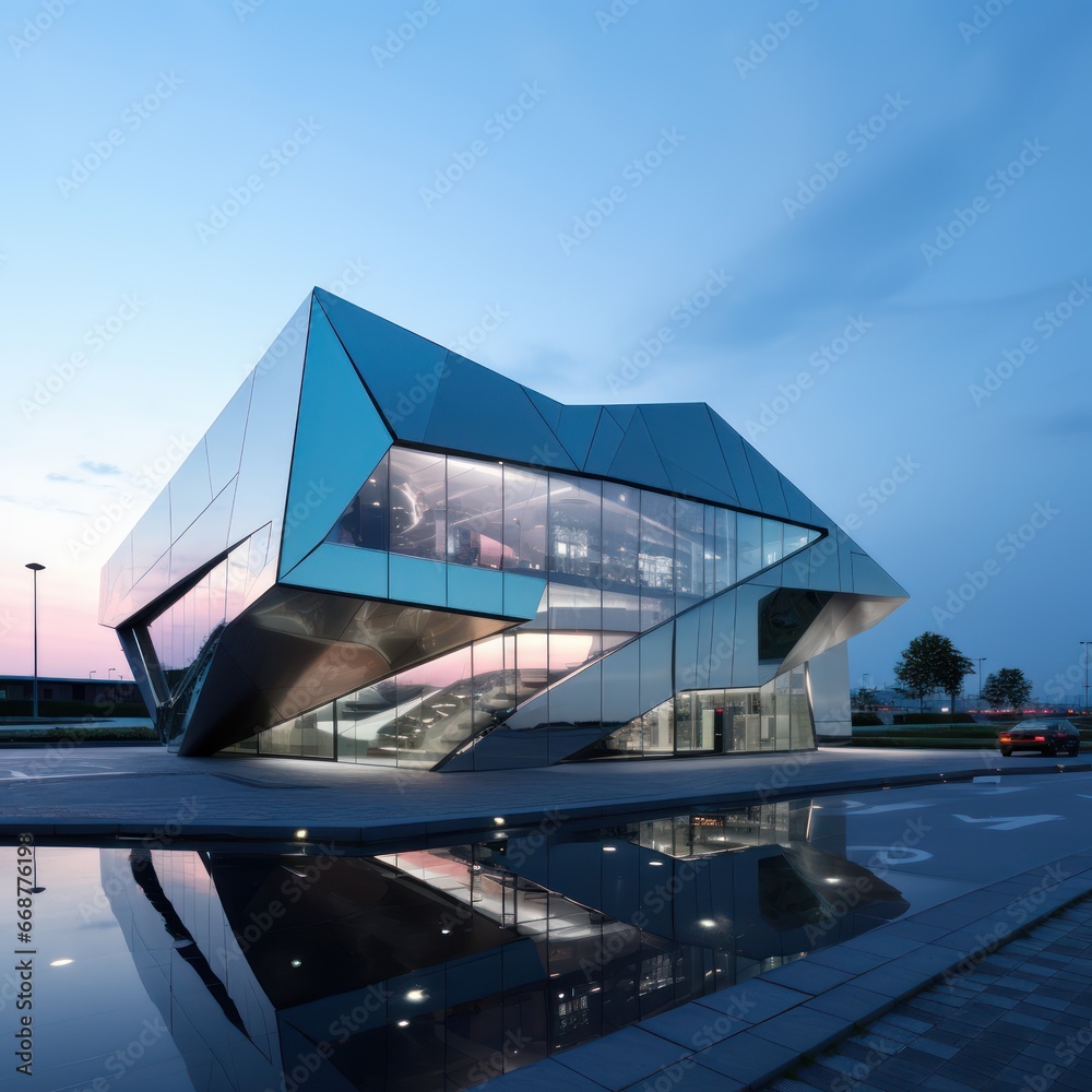 Naklejka premium Modern structure boasting polished angles & reflective glass exterior.