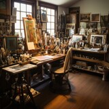Artist's workspace: tools and works in progress inspire creativity