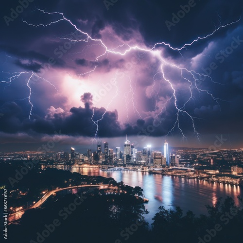 City illuminated by dramatic lightning storm at night