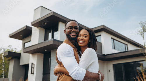 Couple, new home and outdoor embracing after buying or renting real estate property © Malambo/Peopleimages - AI