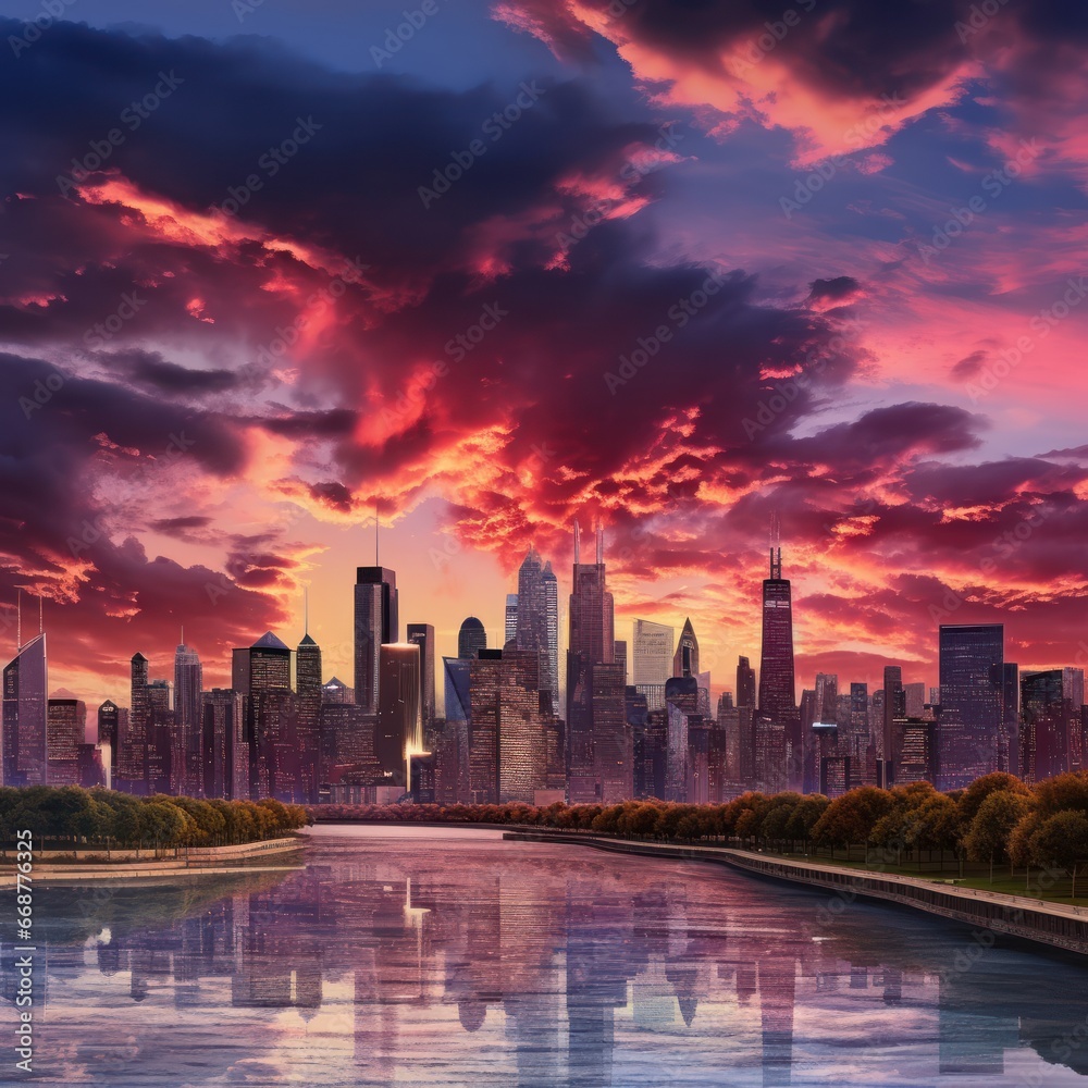 Spectacular sunset skyline, a sweeping cityscape.