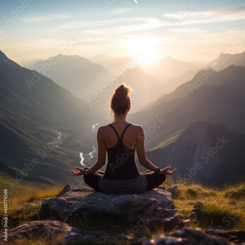 Yoga practitioner peacefully atop mountain.