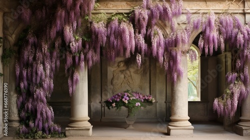 A cascade of wisteria hanging gracefully  creating a natural drapery of purple hues.