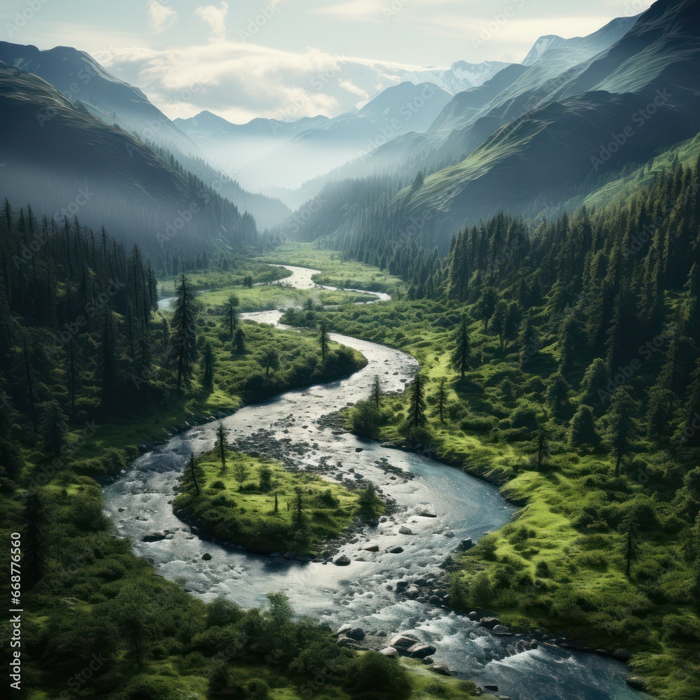 Fototapeta premium Untouched wilds, river winding tranquilly