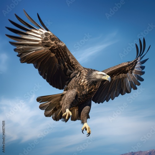 Majestic eagle in flight against azure sky.