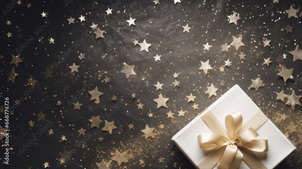Christmas greeting card with golden stars and gift box on black background. Christmas greeting card with golden stars and gift box on black background.