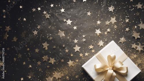 Christmas greeting card with golden stars and gift box on black background.