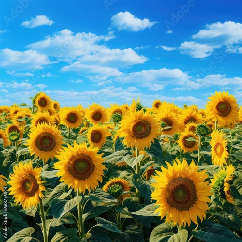 Sunflowers  vast expanse reaching for clear blue sky.