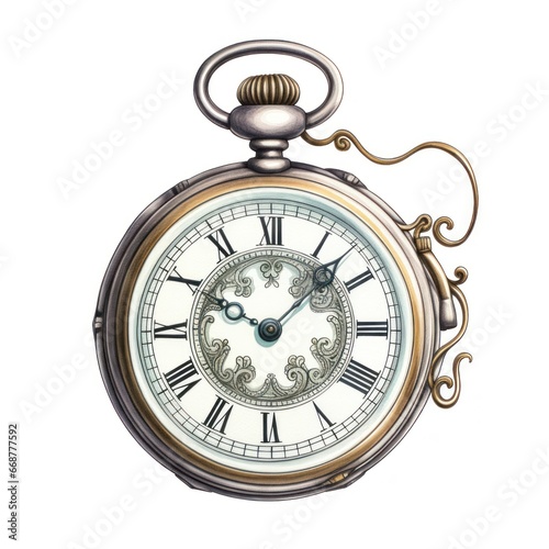Antique Pocket Watch Engraving on White - Timeless Beauty