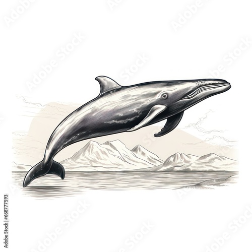 Vintage Antarctic Minke Whale Engraving  1800s Style Illustration on White Background.