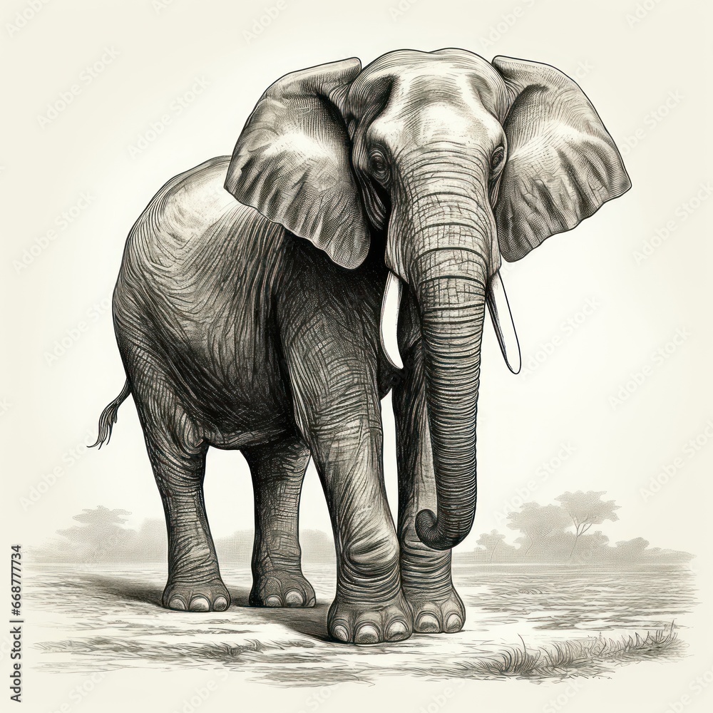 White Background Asian Elephant Vintage Engraving with 1800s Illustration Style