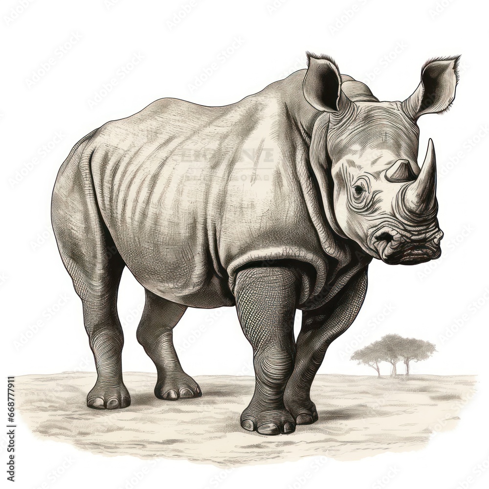 Fototapeta premium Vintage-style engraving of black rhinoceros on white background, reminiscent of 1800s illustrations.