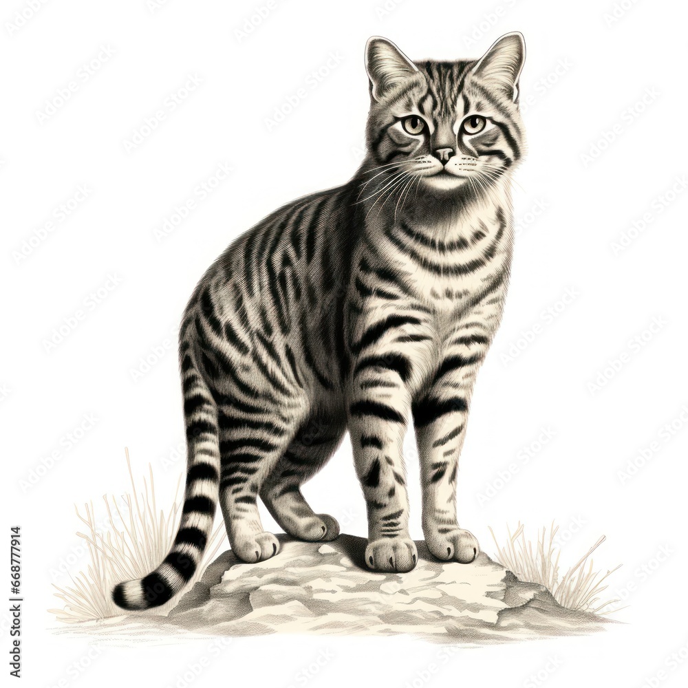 Obraz premium Vintage Engraving of Black-Footed Cat in 1800s Style on White Background.