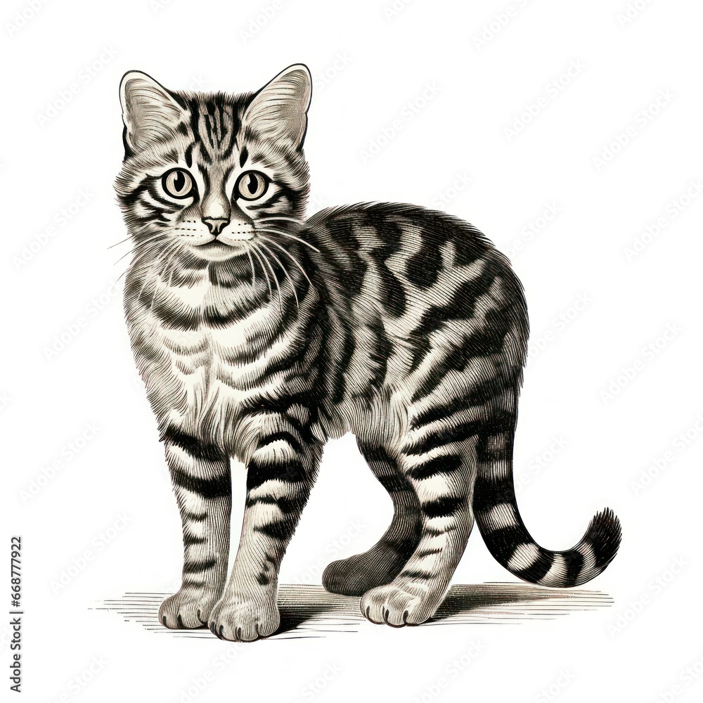 Vintage-style Engraved Illustration of Black-Footed Cat on White Background, reminiscent of 1800s