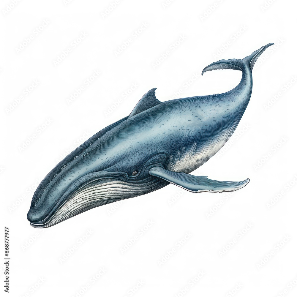 Fototapeta premium 1800s-style Vintage Engraved Blue Whale Illustration on White Background