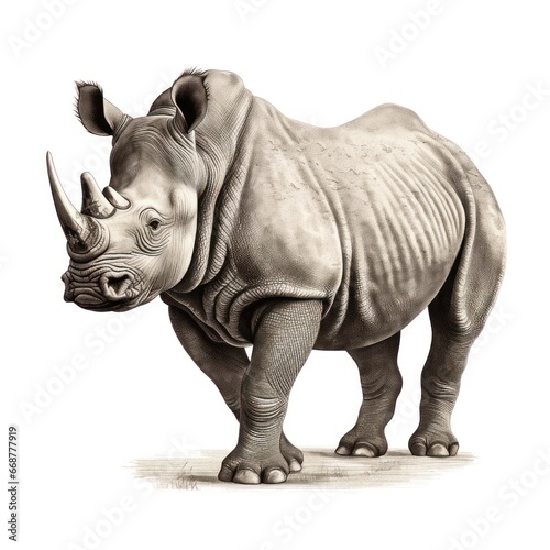 1800s-Style Engraving of Black Rhino on White Background