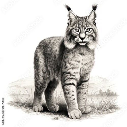 Authentic Bobcat Illustration Engraved in 1800s Style on White Background - Vintage Artwork
