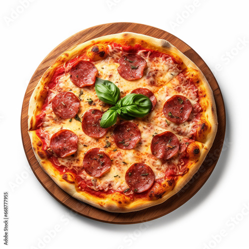 Pizza with fresh tomato sauce, mozzarella, pepperoni slices