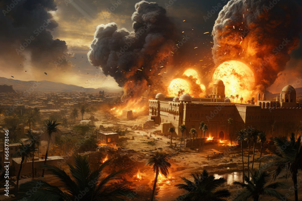 Bombing city in desert. Battlefield with bomb explosions. Military conflict