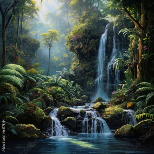 Encompassing serenity  Vibrant rainforest  waterfall essence captured.